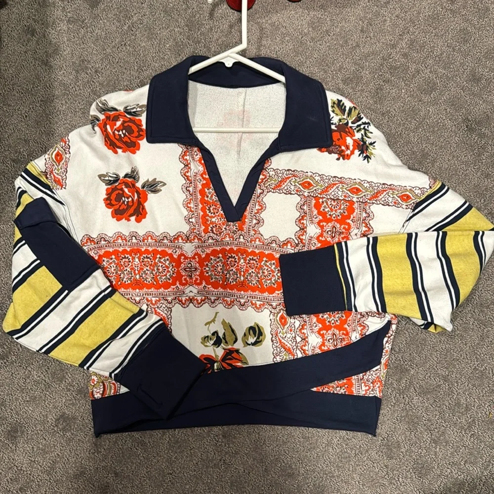 Free People Mixed Print Collared Top - Picture 2 of 7